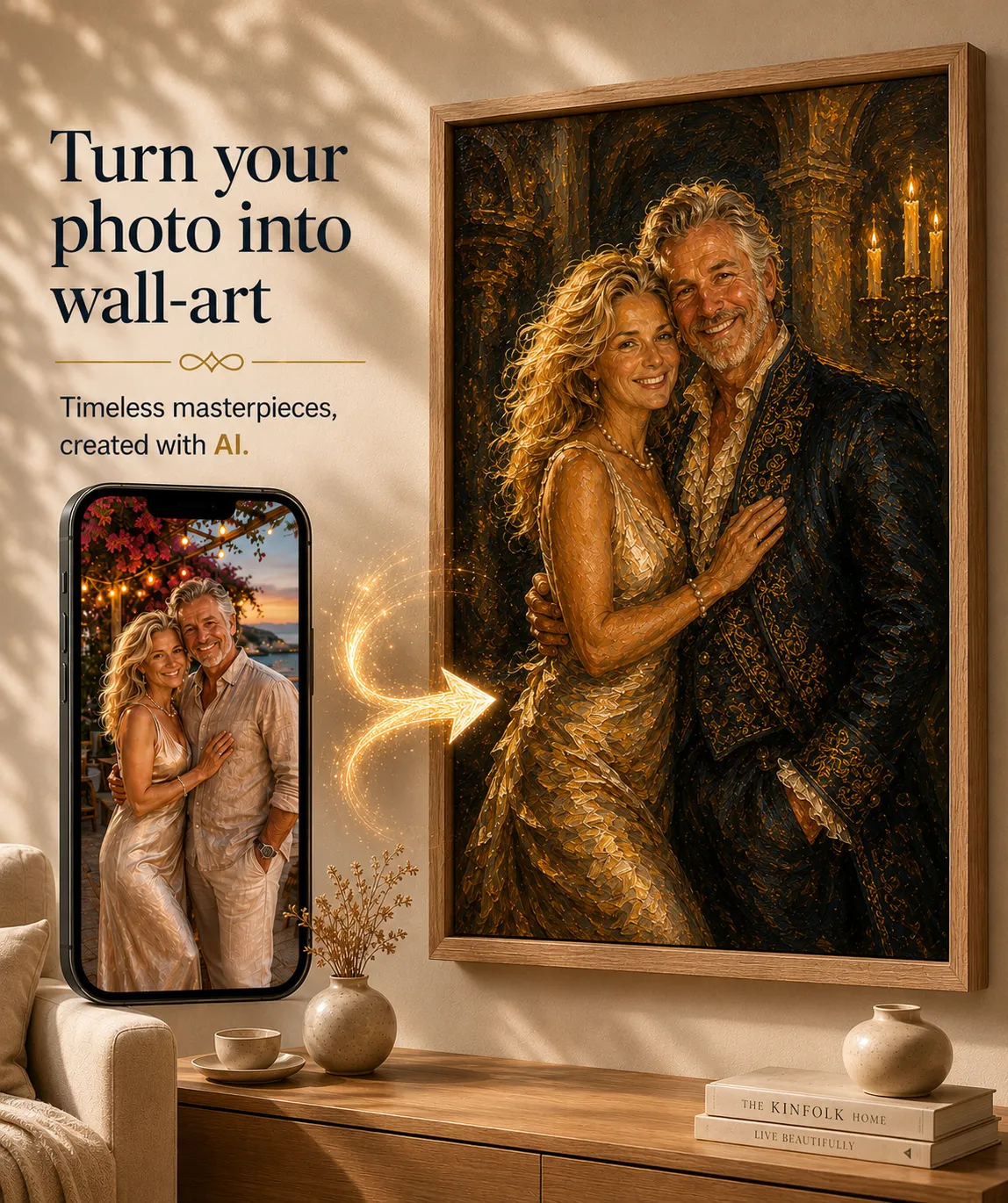 Phone snapshot of a couple transformed into a gilded oil-painting canvas hanging on a wall.